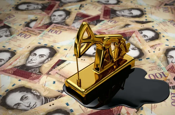 Golden Pumpjack And Spilled Oil On Venezuelan Bolivars — Stock Photo, Image