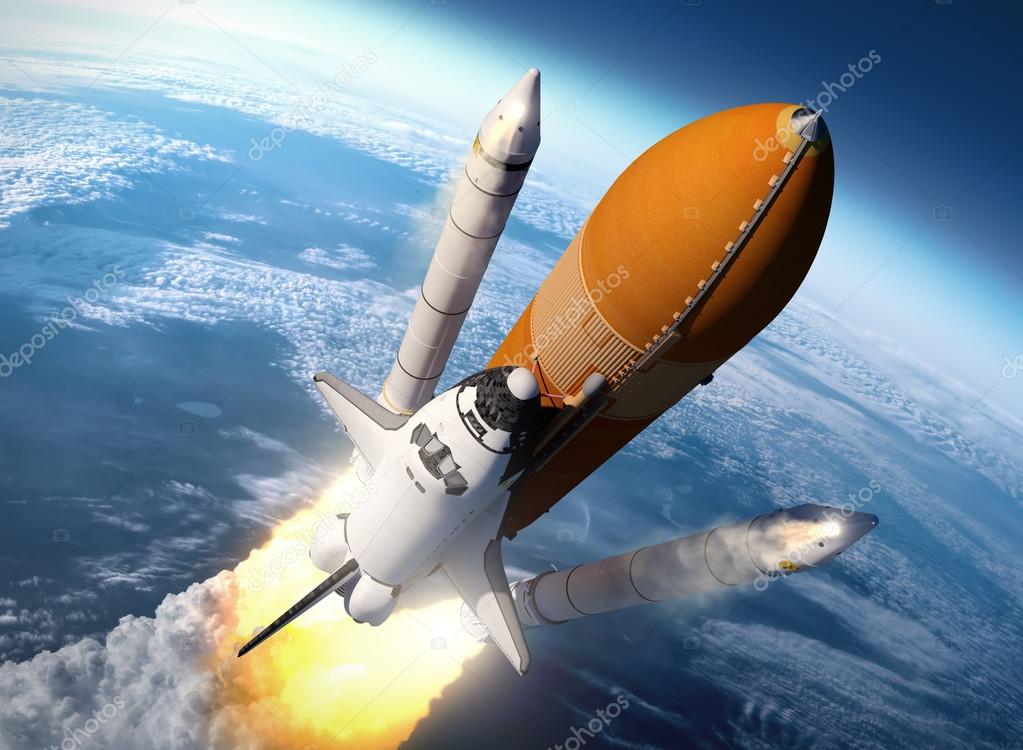 Space shuttle solid rocket boosters separation stock photo