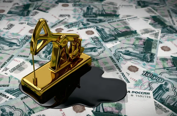 Złoty Pumpjack i rozlany olej na rosyjskich rubli — Zdjęcie stockowe