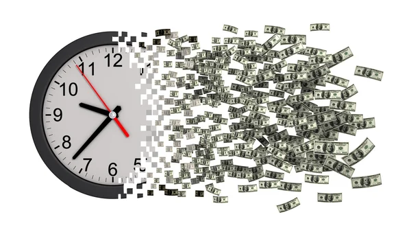 Czas to pieniądz. Zegar rozpada się dolarów. — Zdjęcie stockowe