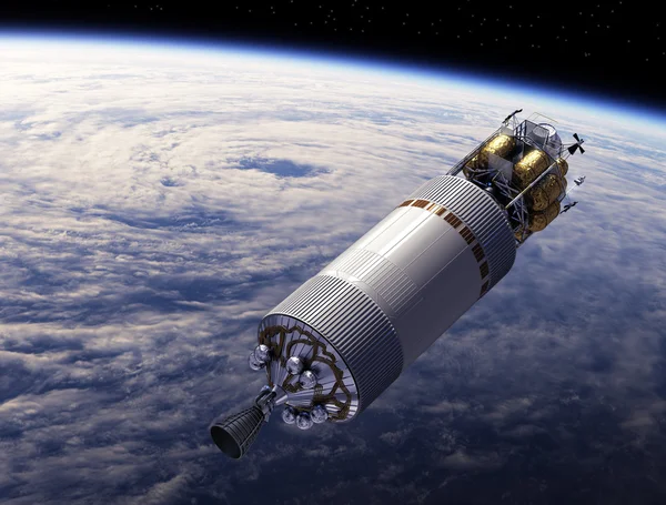 Nave spaziale Orbitante sulla Terra. Scena 3D — Foto Stock