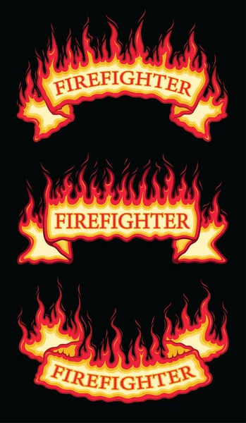 Brandman Fire Flame Scroll Banners Illustration Tre Flammande Bläddrande Banderoller — Stock vektor