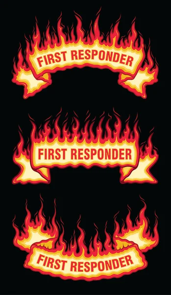 第一响应器消防卷轴旗 First Responder Fire Flame Scroll Banners 是三个带有第一响应器文字的燃烧横幅的例子 上拱门 包括直的和底部的拱形横幅 — 图库矢量图片
