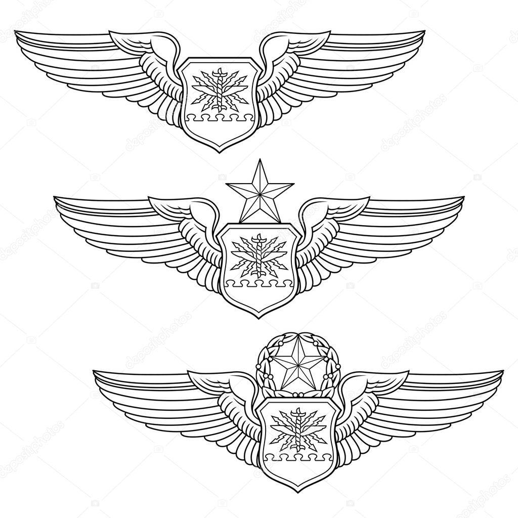 U.S. Air Force Navigator or Aircraft Observer Set is an illustration that includes the basic, senior and master Air Force Navigator or Aircraft Observer Wings. This complete set is used for the United States Air Force military badges and insignia.