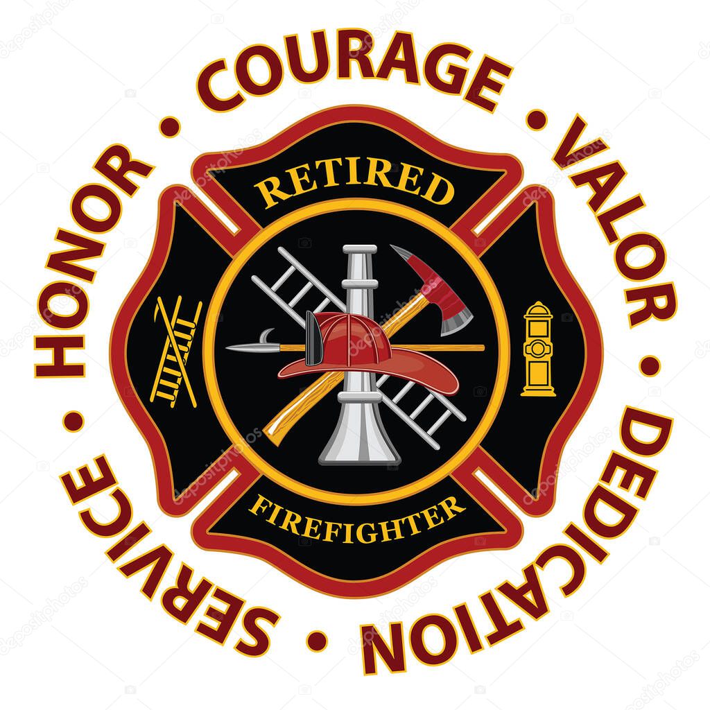 Retired Firefighter Honor Courage Valor is a design that includes a classic firefighter Maltese cross and text that says Retired Firefighter inside of it and text that says Honor Courage and Valor encircling it.