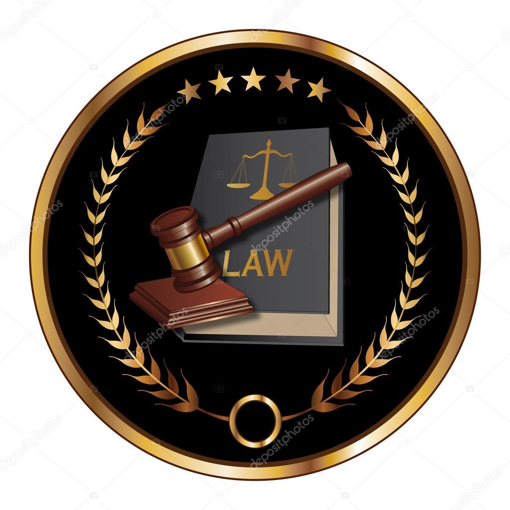 Law or Layer Seal is an illustration of a design for law, lawyers, or law firms that could be used as a logo or seal in striking reflective gold and black. Includes law book, gavel, laurel and gold stars.
