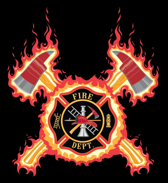 Пожарный крест с топорами и пламенем — стоковый вектор