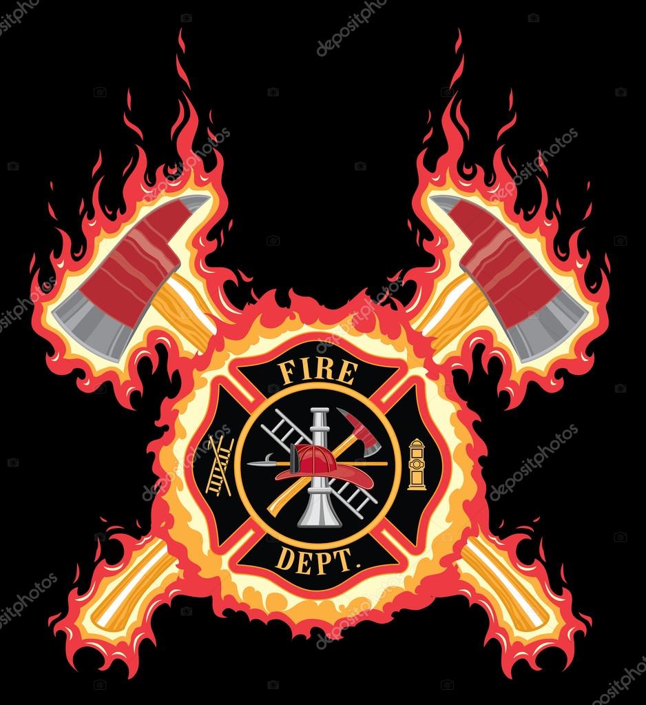 Firefighter Cross With Axes and Flames is an illustration of a fire department or firefighter cross with the firefighters tools logo and crossed axes with flame or fire background