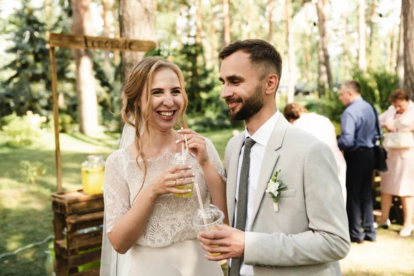 Gelin ve damat, doğadaki misafirler çemberinde içkilerinin tadını çıkarırlar. Gelin ve damat, bahçede misafirlerle birlikte bir içkinin tadını çıkarırlar. Aşık bir çiftin düğün günü.