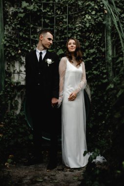 Düğün günü damada dokunmak, parkta bir çift buluşması, neşeli bir çift, sakallı gülen damat neşeli bir geline bakar.