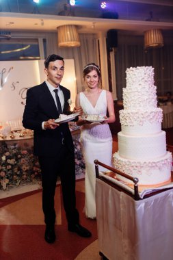 Gelin ve damat el ele tutuşup kocaman bir düğün pastası kestiler. Beyaz beş katlı düğün pastası. Düğün ziyafetinin tamamlanması. Bir çift bir dilim kek keser. Yeni evlilerin arka planında havai fişekler