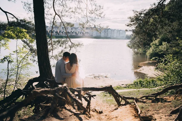手を取り合うカップルを愛します ロマンチックなデート 家族のライフスタイル 屋外の木の切り株に座っている男と女 湖と夏の森の風景を楽しんで — ストック写真