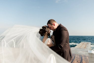 Damat ve gelin kafalarını denizin arka planına bastırdılar. Kızıl sakallı, kahverengi elbiseli tombul bir damat geline sarılıyor. Düğün fotoğrafı çekimi. genç aile