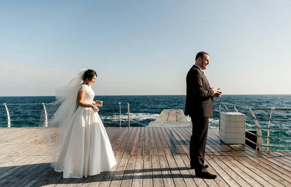 Bräutigam Mit Der Braut Meer Treffen Des Brautpaares Auf Der — Stockfoto