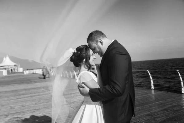 Bräutigam Und Braut Umarmen Sich Auf Dem Pier Vor Der — Stockfoto