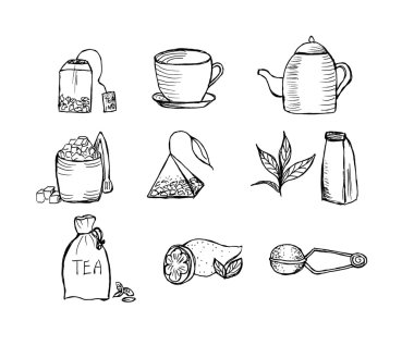 Elle çizilmiş çay Icons set