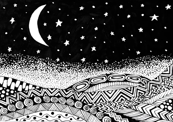 Ландшафтная ночь с луной и звездами — стоковое фото