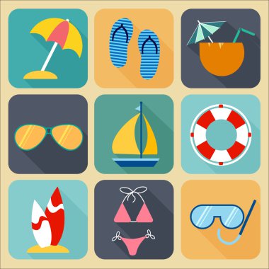 Yaz seyahat simgeler düz tasarım