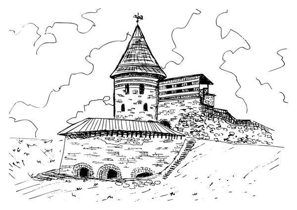 古い要塞の手描きインクスケッチ カウナス リトアニア — ストックベクタ