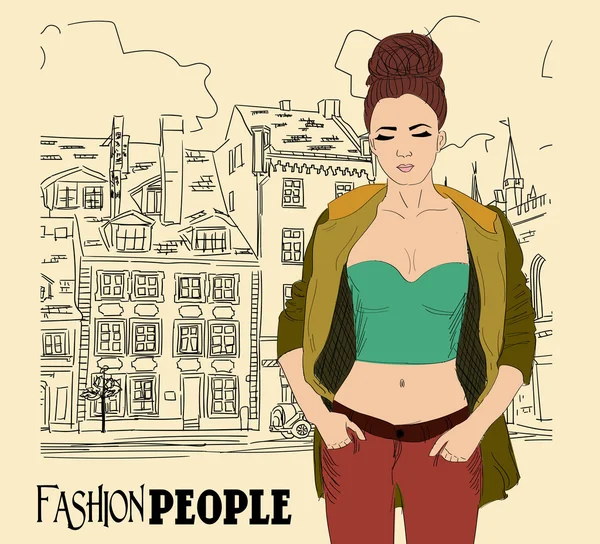 Chica de moda en estilo de boceto en una ciudad — Vector de stock