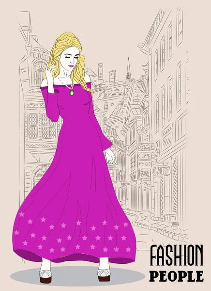 Fashion girl in sketch-style on a town — Stock Vector