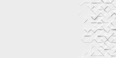 Ortasında ve solunda kopyalama alanı olan beyaz arkaplan. Sağ taraf üçgen desenleriyle kaplı. 3d oluşturma