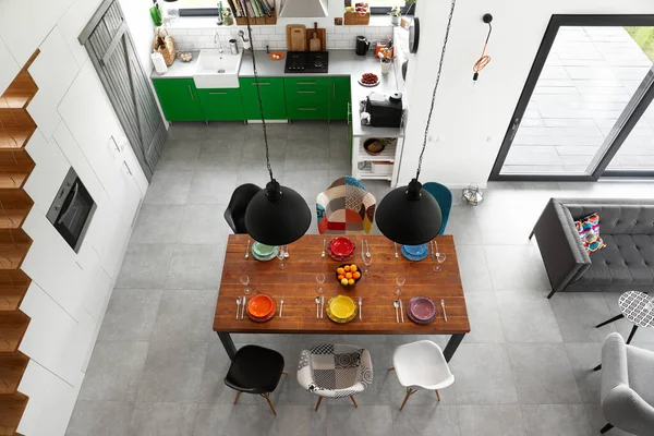 Sala Pranzo Moderna Cucina Stile Scandinavo Vista Dall Alto — Foto Stock