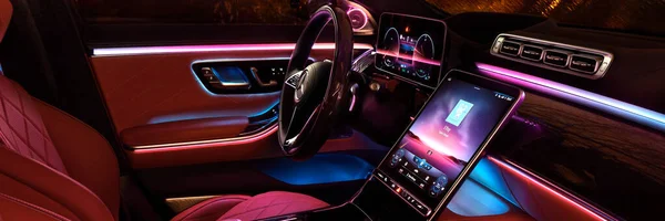 Cabina Iluminación Nocturna Lujo Mercedes Clase Acabada Con Madera Cuero — Foto de Stock