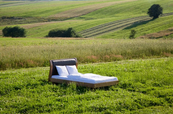 Bed in a grass field- concept of good sleep — Stock Photo, Image