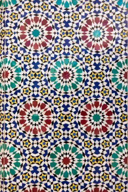 Colorful geometric patterns display the intricate work of artisans at a ceramics school in Fez, Morocco. This rich artistic tradition highlights skilled craftsmanship