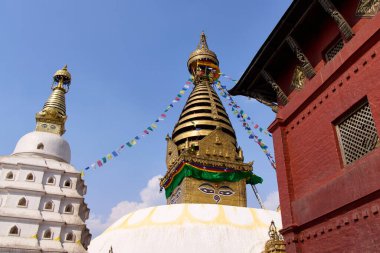 Katmandu 'da Maymun Tapınağı olarak da bilinen Swayambhunath' ın mimarisi. Renkli dua bayrakları asılmış beyaz bir stupadan yükselen altın bir kule.