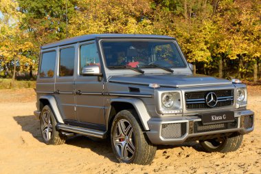 Gümüş renkli bir G-Sınıfı parktaki kumun üzerine park etmiş. Arka planda sonbahar renkleri olan ağaçlar var. Hava güneşli. G-Sınıfı kameraya bakıyor. Katowice, Polonya, 24.10.2015