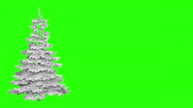 Karla kaplı beyaz noel ağacı yeşil ekranda döner. Mary Christmas ve mutlu yıllar arkaplan animasyonu.