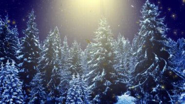 İlahi ışınlar ve sihirli kar Noel ağacına düşer. Mary Christmas ve mutlu yıllar arkaplan animasyonu