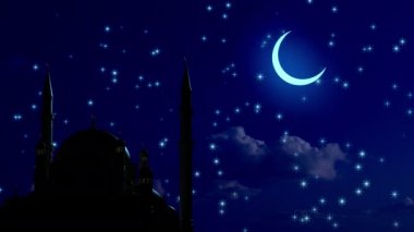 Cami ve ayın arka planında sekiz köşeli yıldızlar yükseliyor. Ramazan İslam 'ın kutsal ayı..