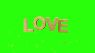 Yeşil arka planda aşk sözcükleri ve kalp sembolleri. Anahtarlama veya kesme için animasyon.
