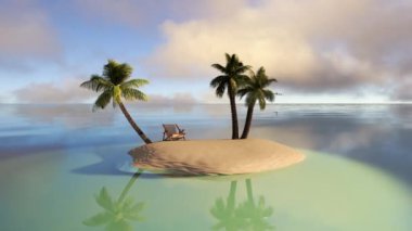 Okyanustaki tropik bir adanın 3 boyutlu animasyonu. Denizin ortasında ideal bir yerde egzotik bir tatile giden uçak. 