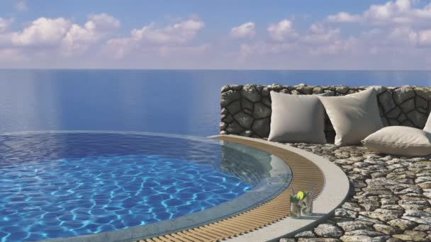 在游泳池边的旅馆放松 夏天的一个周末 在一个温暖的国度 在游泳池边 蓝色的海水俯瞰着大海 — 图库视频影像