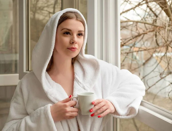 Young Beautiful Woman White Robe Cup Coffee Stands Balcony — Stock Photo, Image