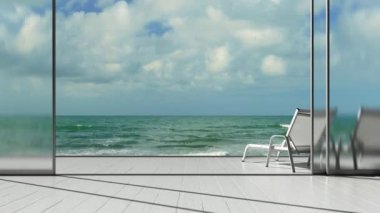 Deniz manzaralı otel pencereleri ve güneş pansiyonları. Yaz tatili okyanus kıyısında 