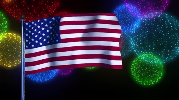 Animation American Flag Waving Wind Background Fireworks Usa Independence Day — Stock Video