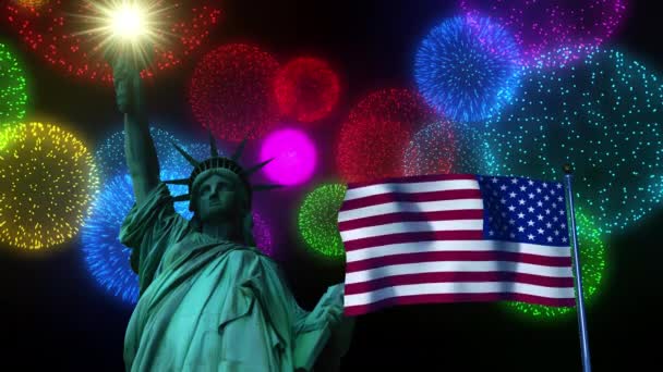 アメリカ独立記念日の7月4日を背景に 自由の女神と風の中のアメリカ国旗と花火 — ストック動画