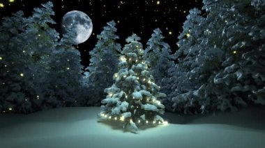Ormandaki Noel ya da Yeni Yıl ağacı ve ay parlıyor ve altın kar taneleri düşüyor. Mary Christmas ve mutlu yeni yıl animasyonu.