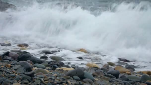 ウェーブのかかった海のビーチ、岩が多い海岸 — ストック動画