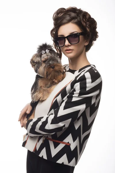 Fashion girl and dog Yorkshire — Stock Photo, Image