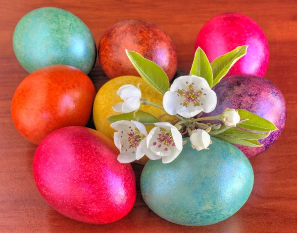 Kleurrijk geschilderd paaseieren en verse Lentebloemen op houten — Stockfoto