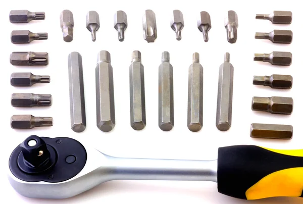 Conjunto de ferramentas de bit mecânico isolado no fundo branco — Fotografia de Stock