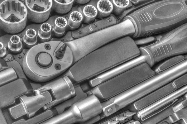 Mechanical bit tool set in black and white — Stock Photo, Image