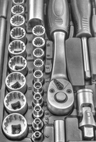 Mechanical bit tool set in black and white — Stock Photo, Image