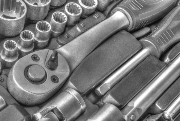 Mechanical bit tool set in black and white — Stock Photo, Image